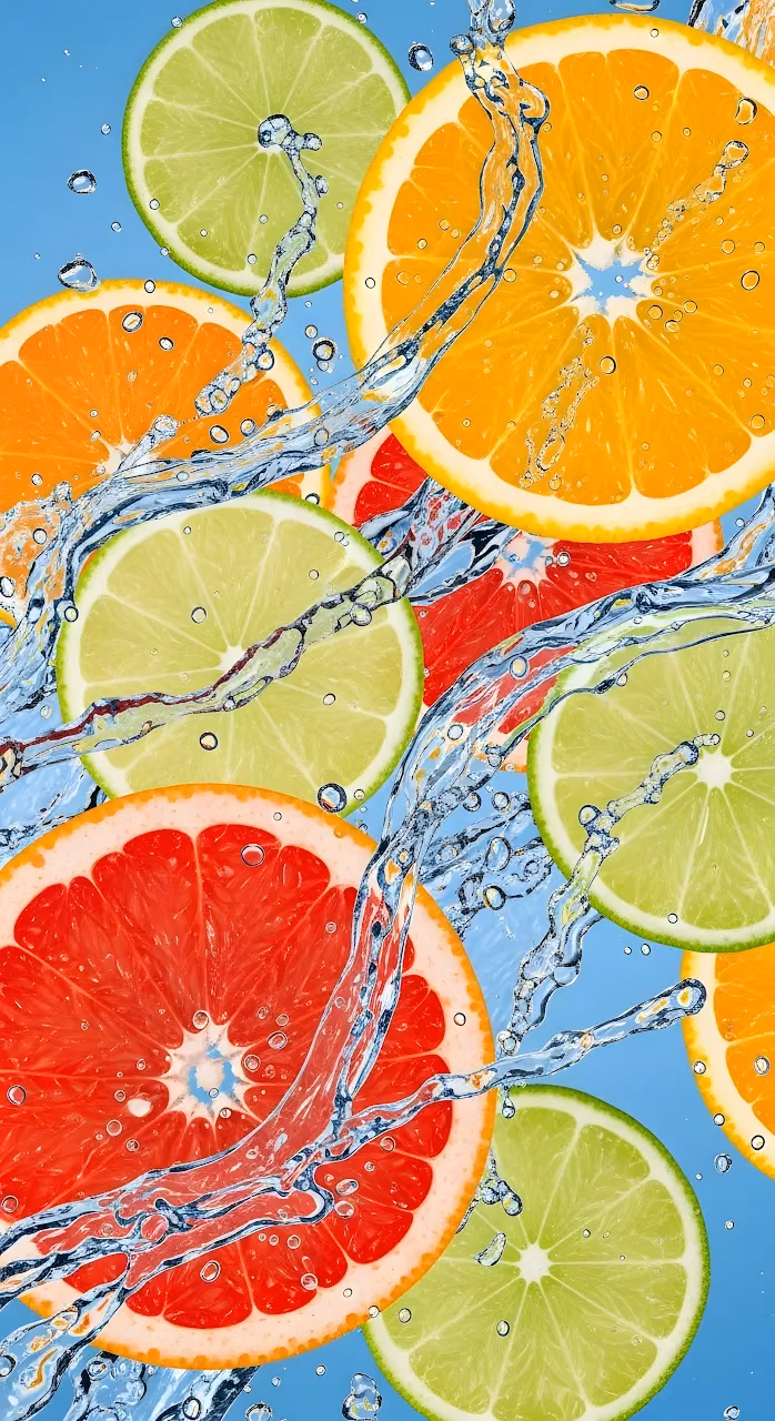 Refreshing Citrus Fruit Slices in Sparkling Blue Water - Free Mobile AMOLED Wallpaper Background