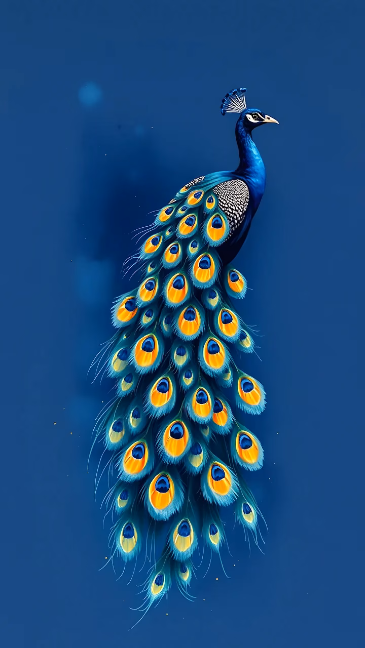 An illustrated peacock with detailed blue and gold plumage perched against a solid deep blue background.