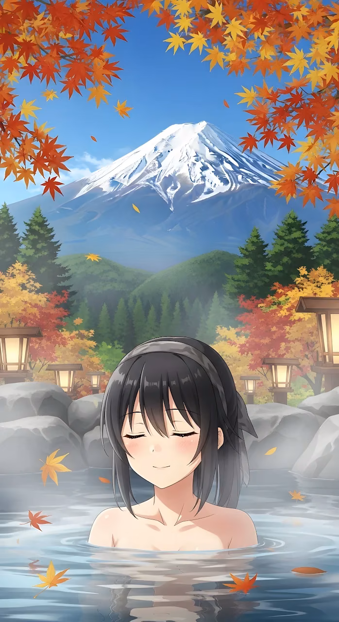 Relaxing Onsen Bath with View of Autumn Mount Fuji - Free Mobile AMOLED Wallpaper Background
