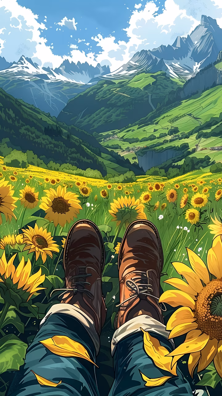 Relaxing in Sunflower Field View of Green Alpine Valley - Free Mobile AMOLED Wallpaper Background