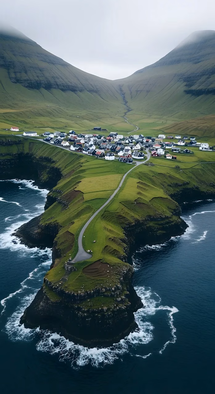 Remote Gásadalur Village Green Cliffs Faroe Islands - Free Mobile AMOLED Wallpaper Background