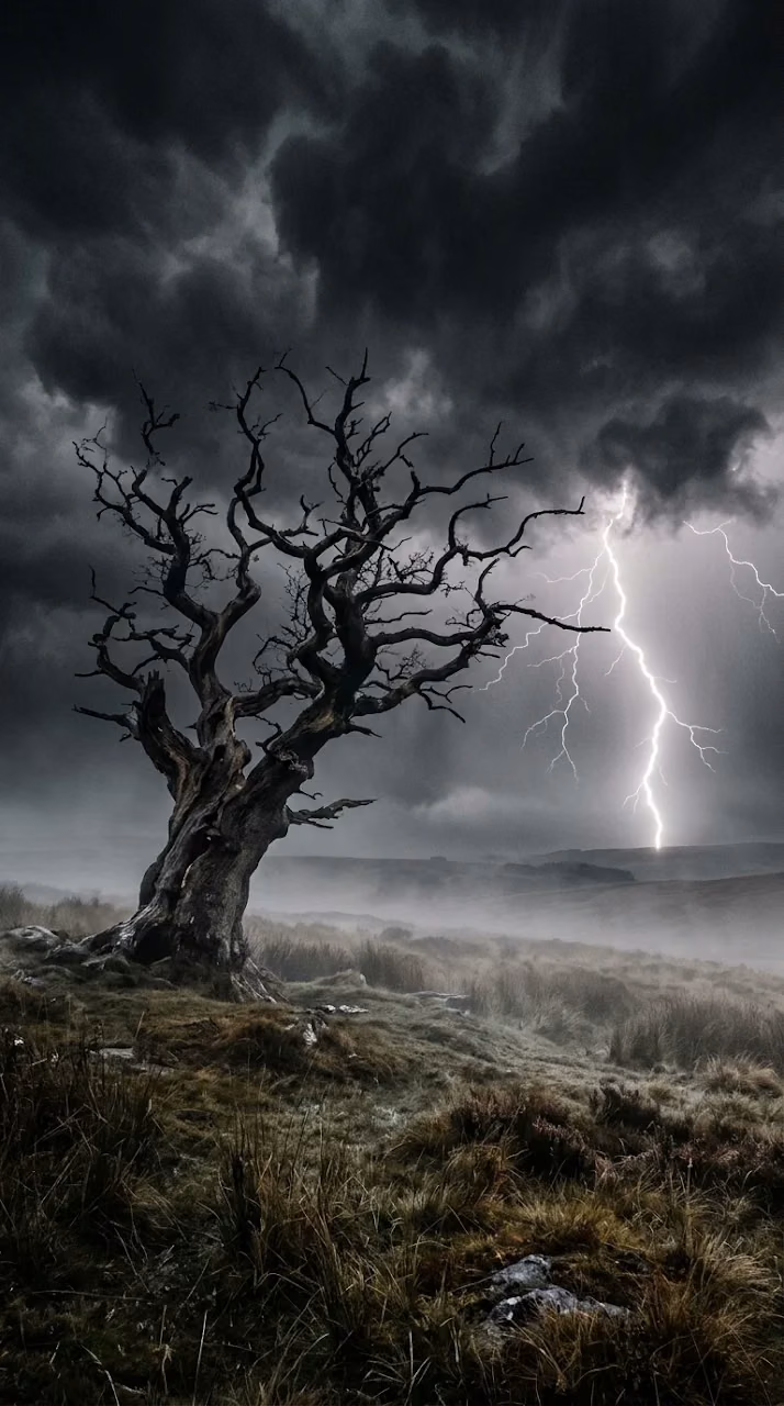 Resilient Ancient Tree in a Foggy Meadow Under Thunderous Sky - Free Mobile AMOLED Wallpaper Background