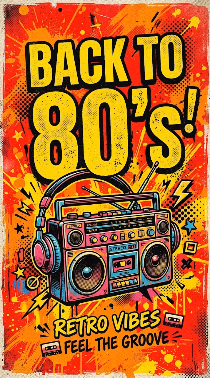 Retro 80s Boombox and Headphones Typography Poster - Free Mobile AMOLED Wallpaper Background
