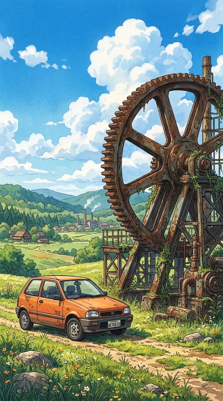 Retro Anime Orange Hatchback Parked by Colossal Rusty Gear - Free Mobile AMOLED Wallpaper Background