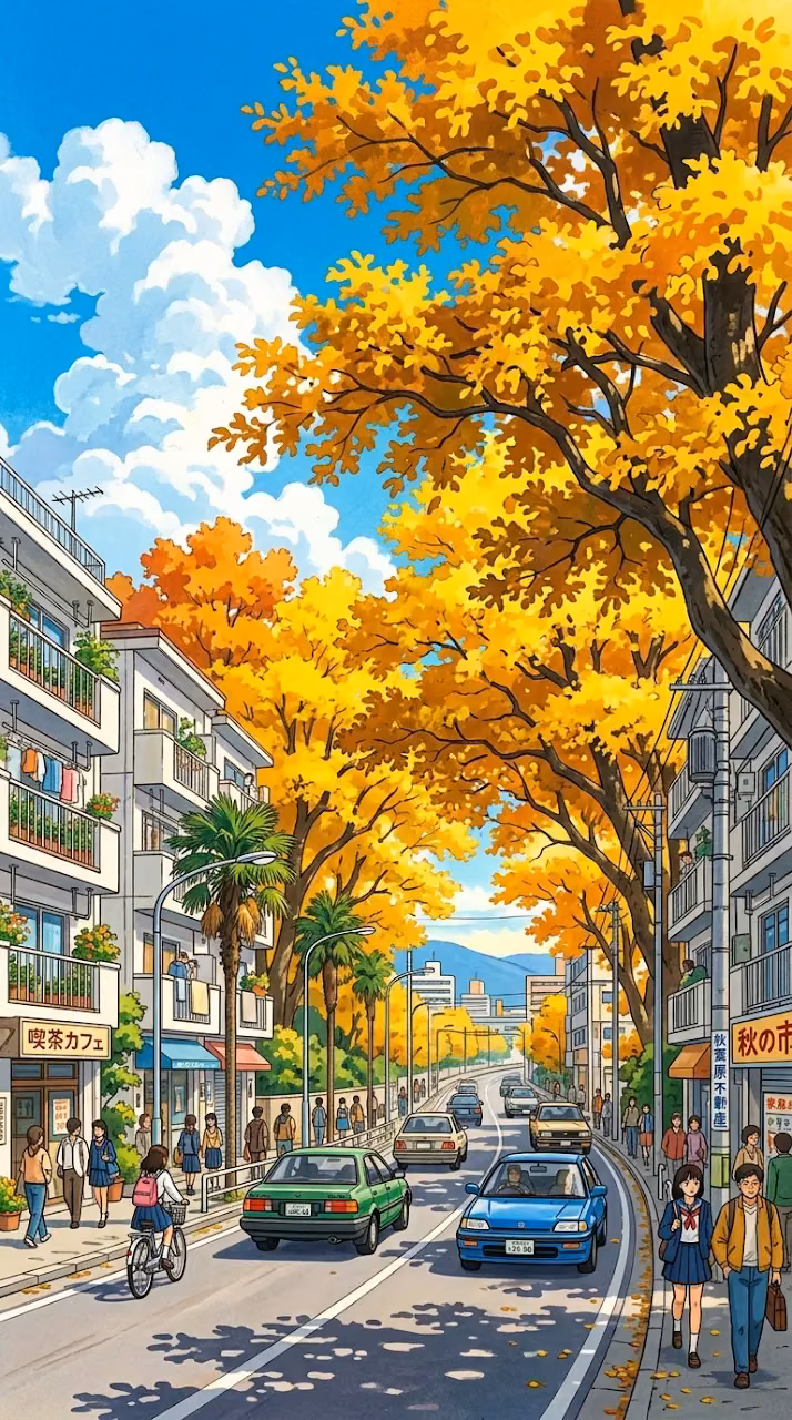 Retro Anime Style City Street with Golden Autumn Trees and Cars - Free Mobile AMOLED Wallpaper Background