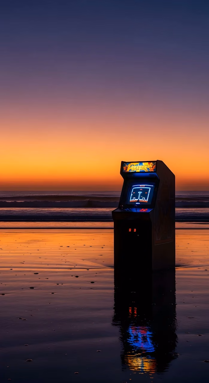 Download Retro Arcade Cabinet Glowing on Wet Beach at Twilight Wallpaper in Mobile HD Retro Arcade Cabinet Glowing on Wet Beach at Twilight - Free Mobile AMOLED Wallpaper Background