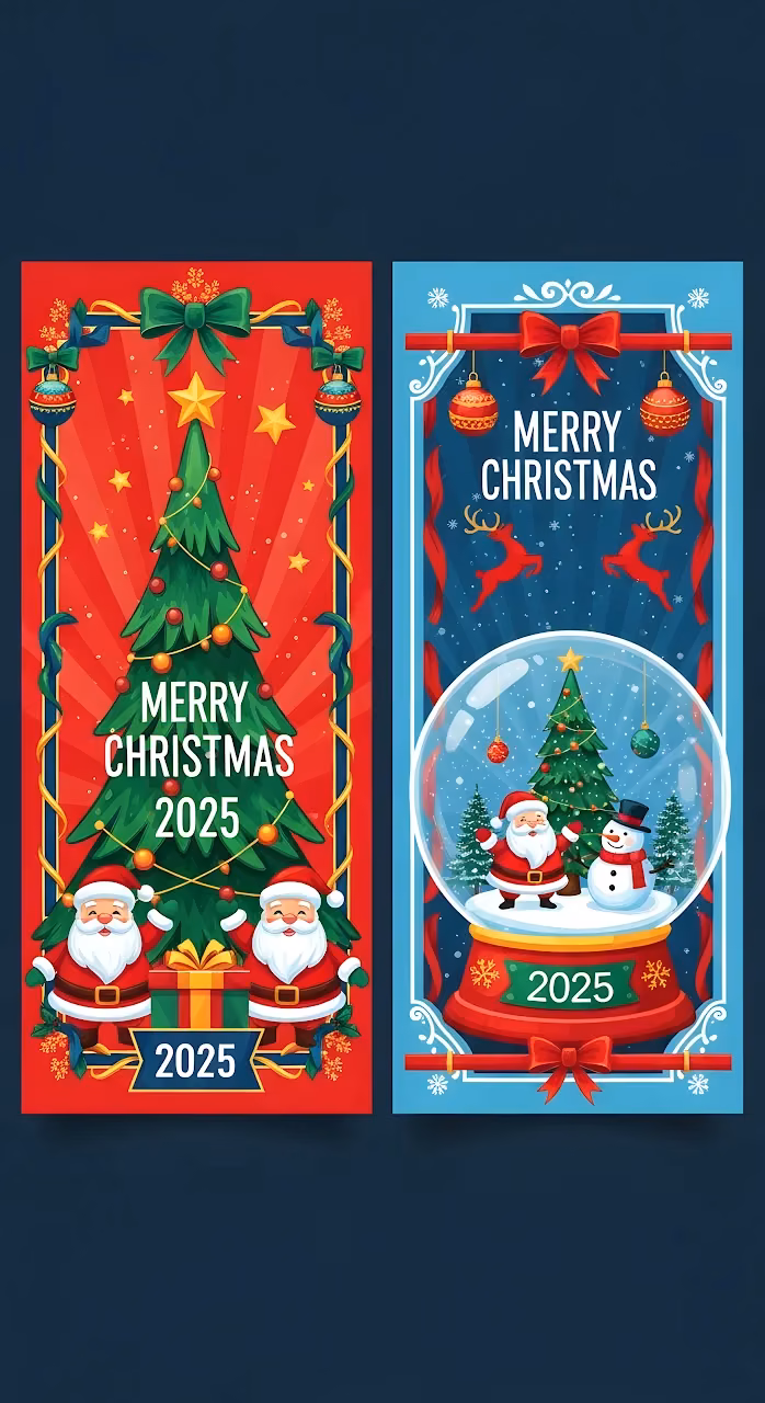 Retro Christmas 2025 Vertical Banners Santa Snow Globe - Free Mobile AMOLED Wallpaper Background