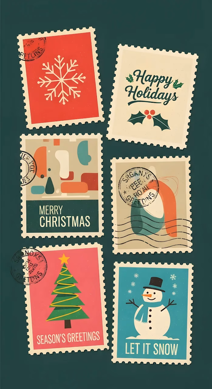 Retro Christmas Postage Stamps Collection Dark Green - Free Mobile AMOLED Wallpaper Background