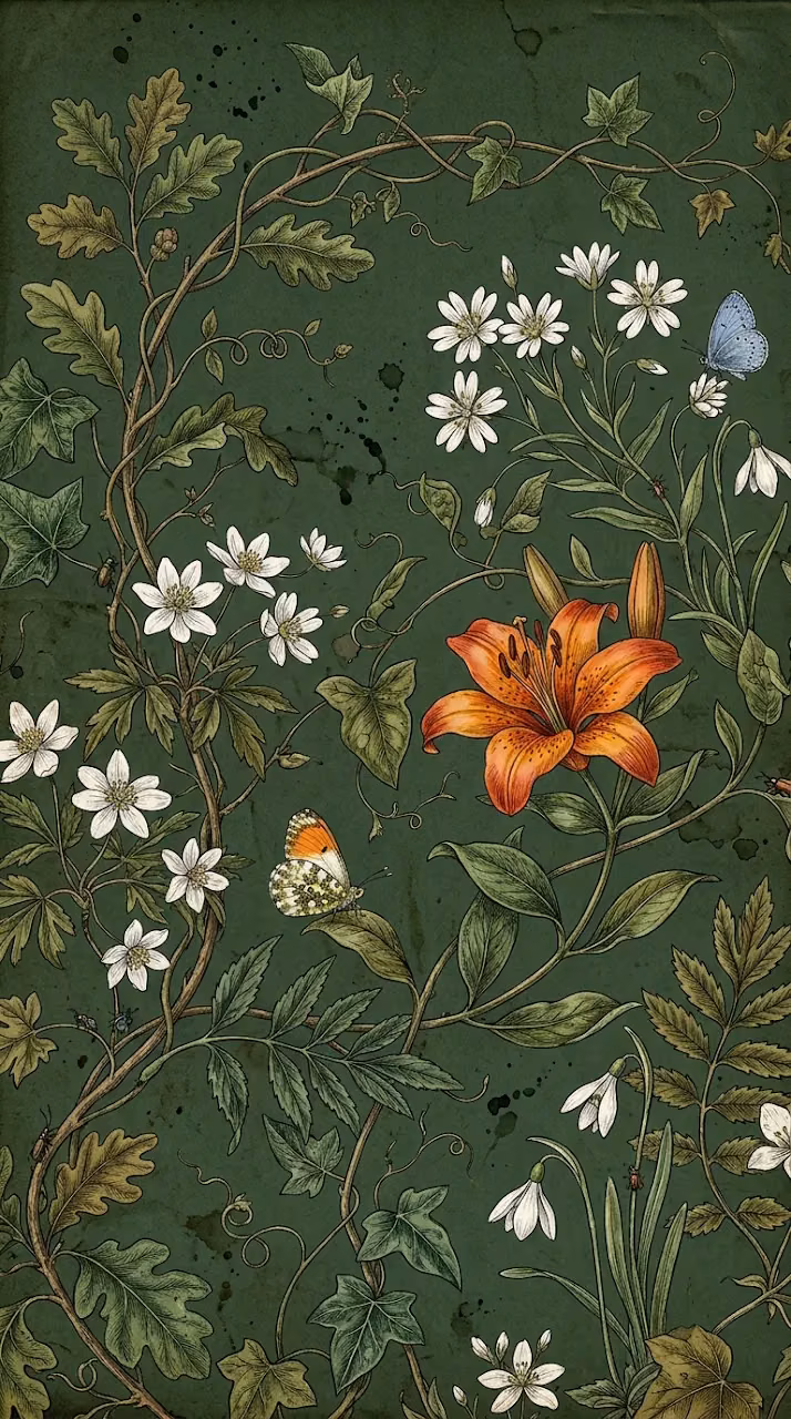 Retro Floral Illustration with Vines and Flowers on Dark Green - Free Mobile AMOLED Wallpaper Background