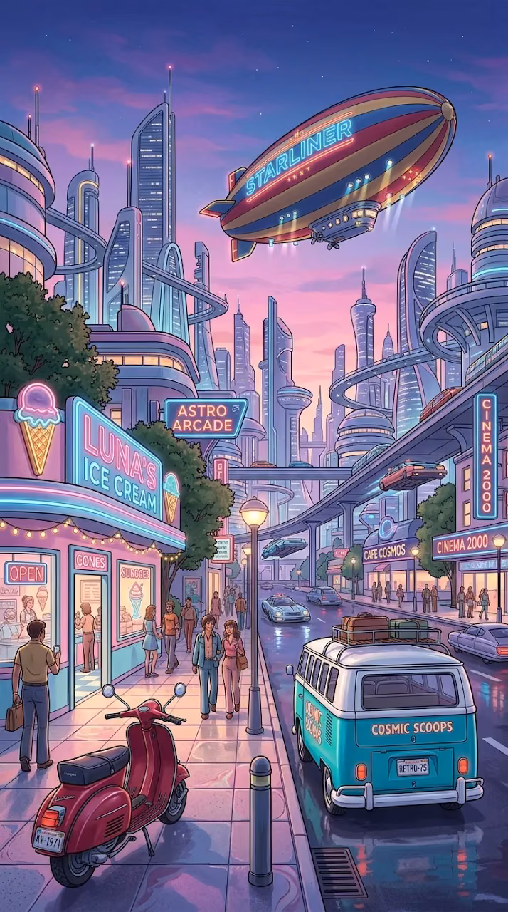 Retro-Futuristic 1970s City with Ice Cream Parlor and Blimp - Free Mobile AMOLED Wallpaper Background