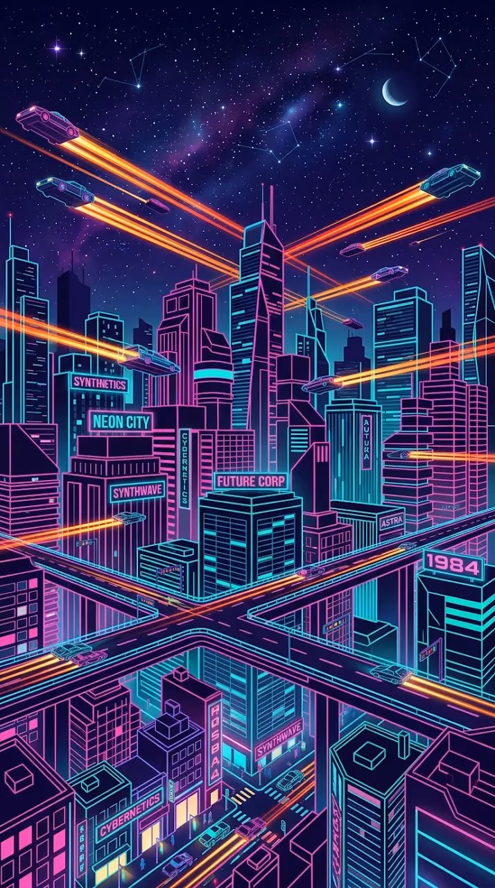 Retro-Futuristic 1980s Sci-Fi City with Neon Skyscrapers and Flying Cars - Free Mobile AMOLED Wallpaper Background