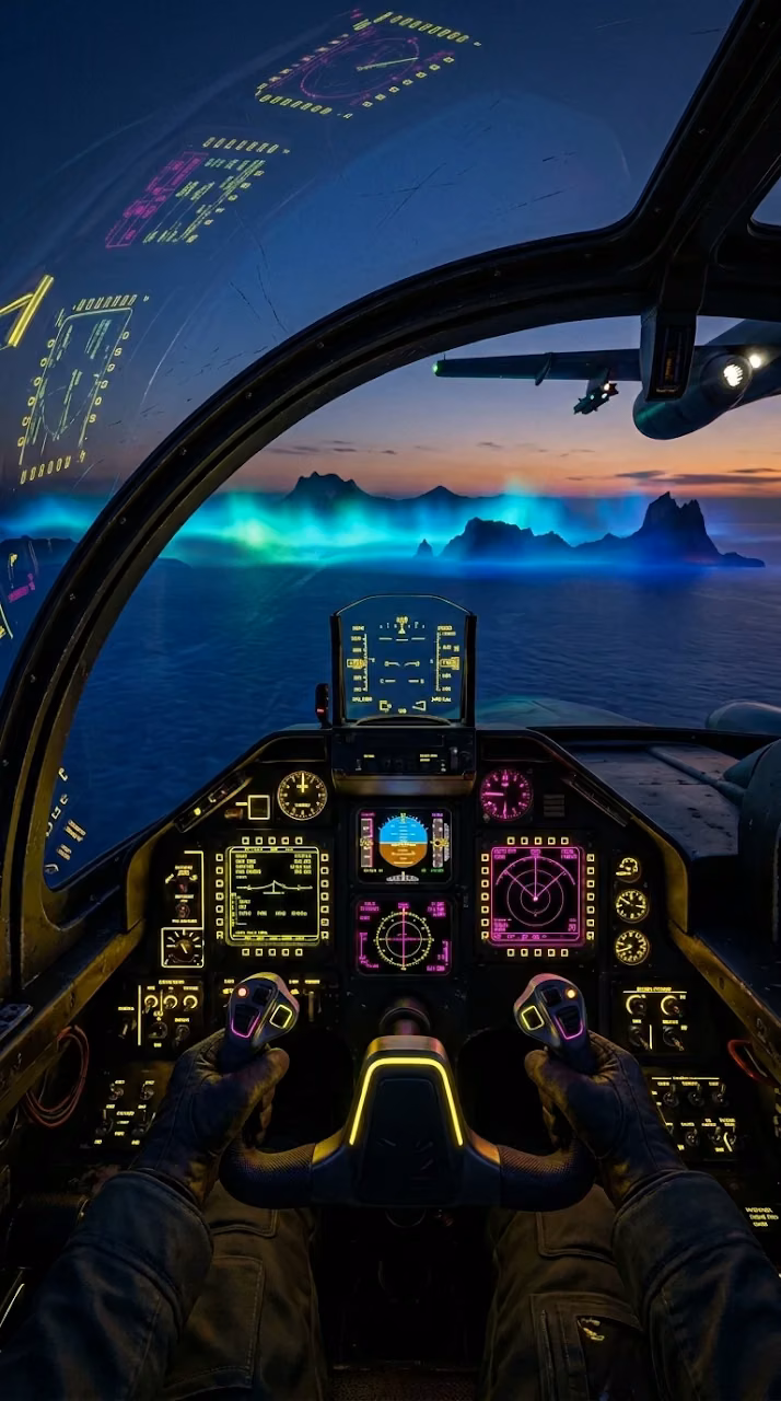 Download Retro-Futuristic Aircraft Cockpit Overlooking an Alien Ocean Wallpaper in Mobile HD Retro-Futuristic Aircraft Cockpit Overlooking an Alien Ocean - Free Mobile AMOLED Wallpaper Background