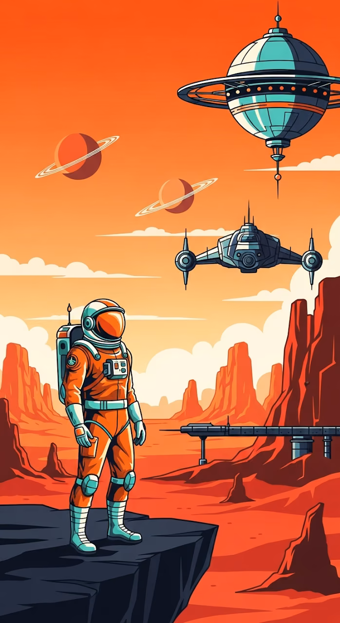 Retro-Futuristic Astronaut Standing on Rocky Ledge on a Red Alien Planet Landscape - Free Mobile AMOLED Wallpaper Background
