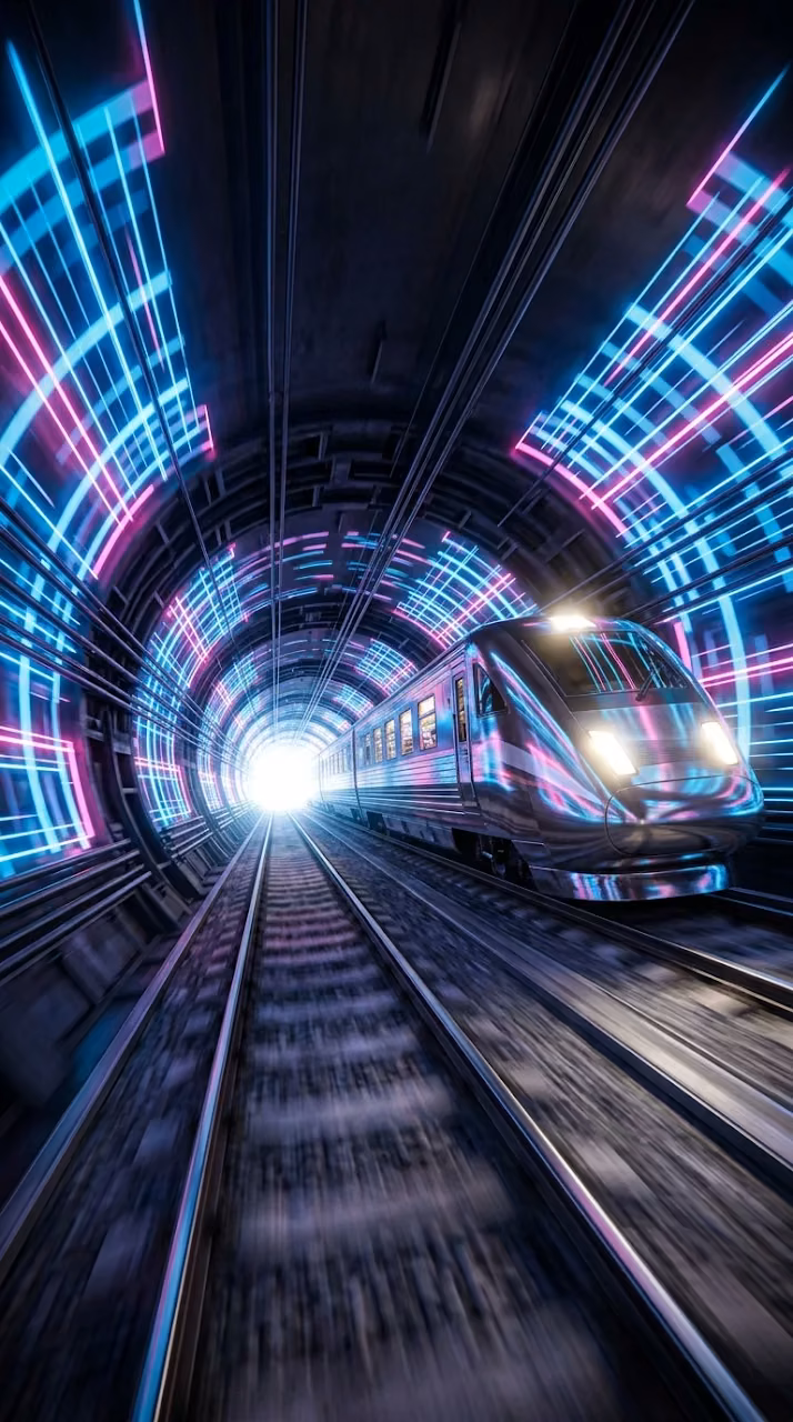 Retro-Futuristic Metallic Train Speeding Through Neon Grid Tunnel - Free Mobile AMOLED Wallpaper Background