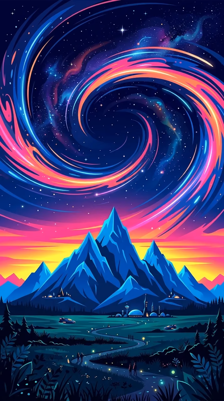 Download Retro Futuristic Mountain Sunset with Cosmic Ring Wallpaper in Mobile HD Retro Futuristic Mountain Sunset with Cosmic Ring - Free Mobile AMOLED Wallpaper Background