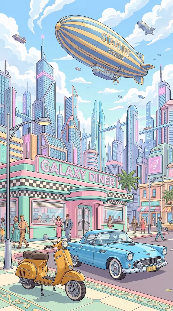 Retro-Futuristic Street Scene with Diner and Flying Dirigible - Free Mobile AMOLED Wallpaper Background