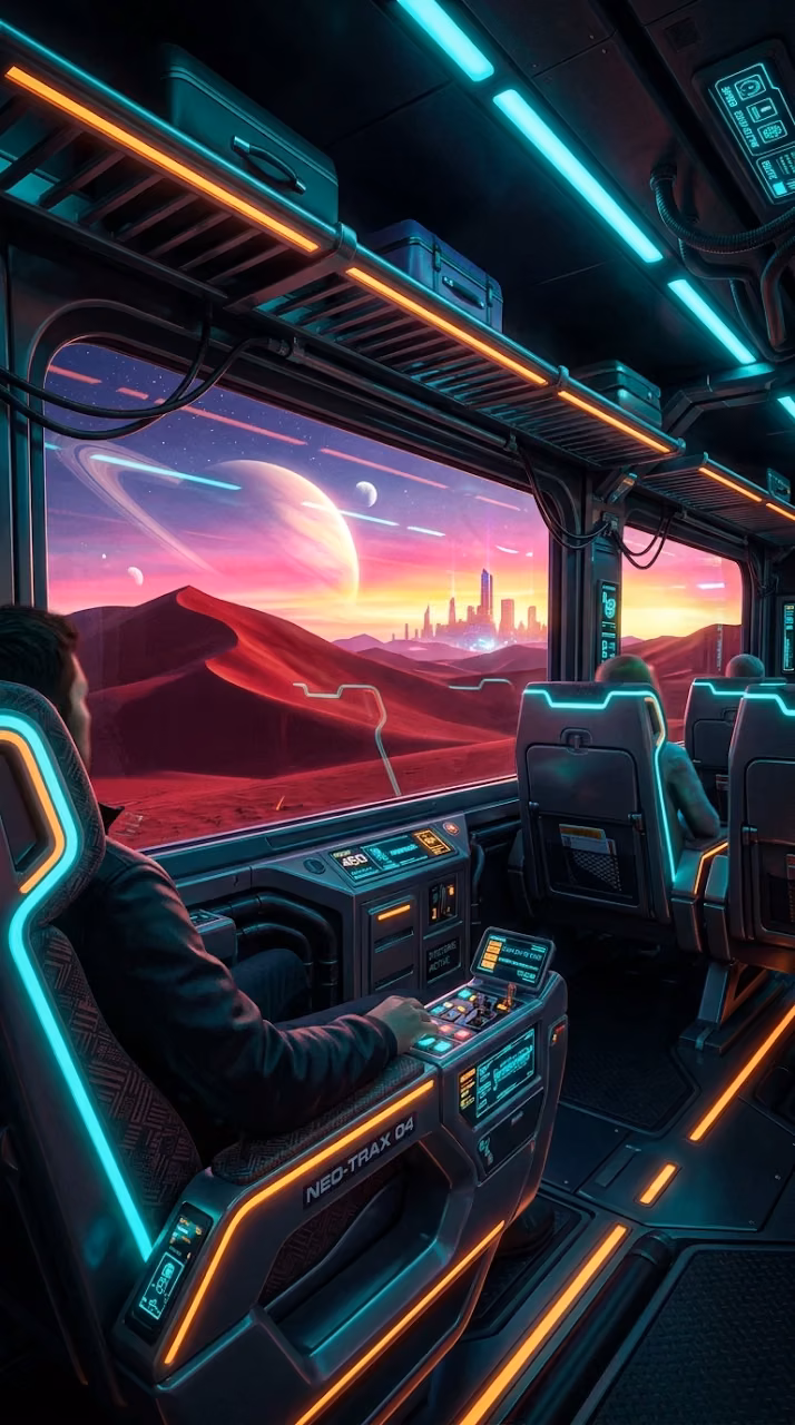 Download Retro-Futuristic Train Interior Overlooking a Surreal Desert Sunset Wallpaper in Mobile HD Retro-Futuristic Train Interior Overlooking a Surreal Desert Sunset - Free Mobile AMOLED Wallpaper Background