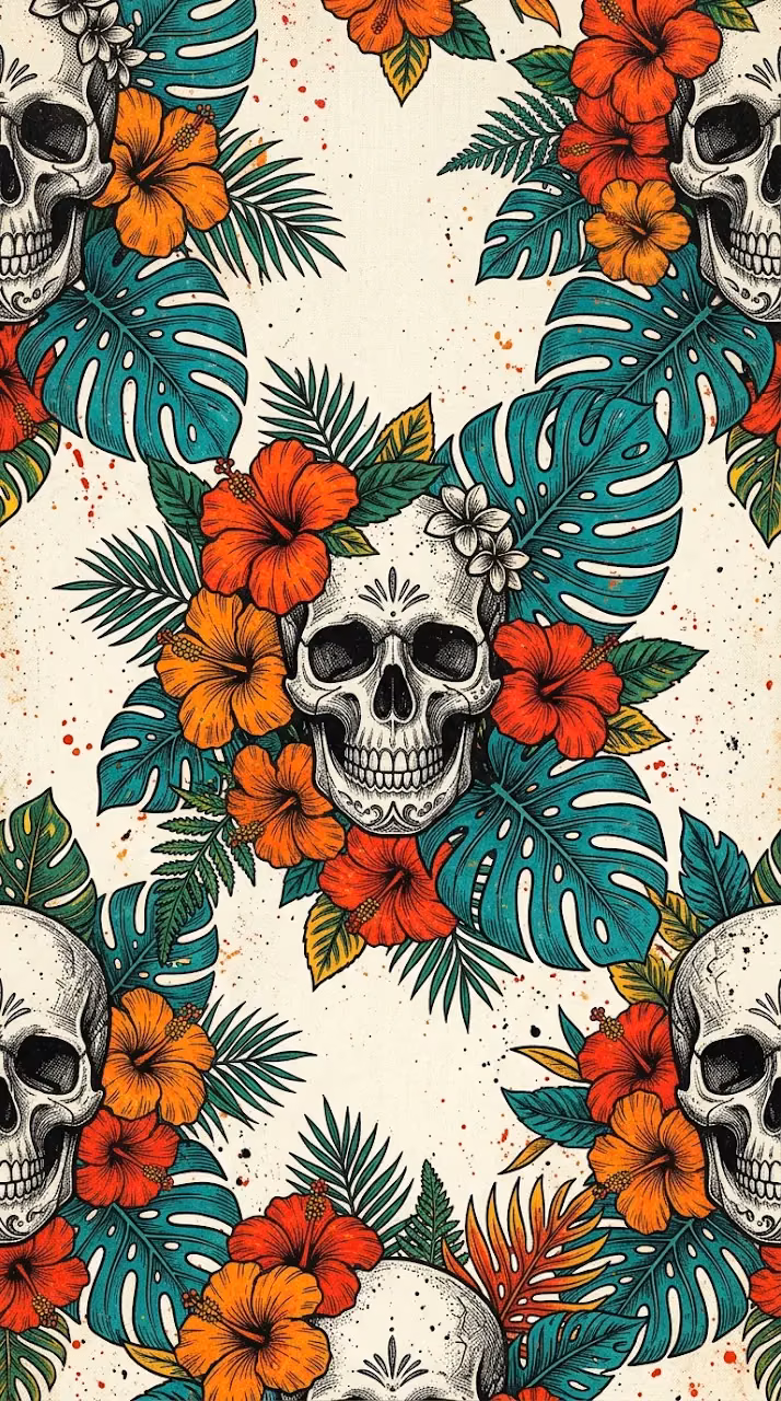Download Retro Hawaiian Seamless Pattern with Skulls and Hibiscus Flowers Wallpaper in Mobile HD Retro Hawaiian Seamless Pattern with Skulls and Hibiscus Flowers - Free Mobile AMOLED Wallpaper Background