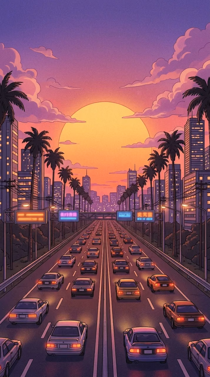 Retro Lo-Fi Style Sunset over City Highway with Palm Trees - Free Mobile AMOLED Wallpaper Background