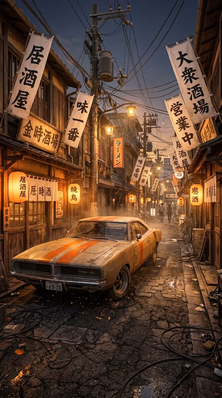 Download Retro Muscle Car in a Stylized Japanese Alleyway with Warm Lighting Wallpaper in Mobile HD Retro Muscle Car in a Stylized Japanese Alleyway with Warm Lighting - Free Mobile AMOLED Wallpaper Background
