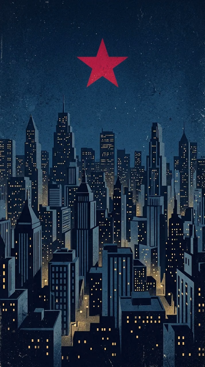 Retro Noir City Skyline with Vibrant Red Star and Textured Sky - Free Mobile AMOLED Wallpaper Background