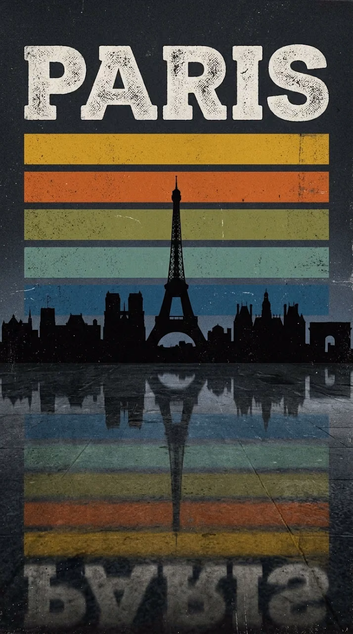 Retro Paris Skyline Silhouette with Distressed Typography - Free Mobile AMOLED Wallpaper Background
