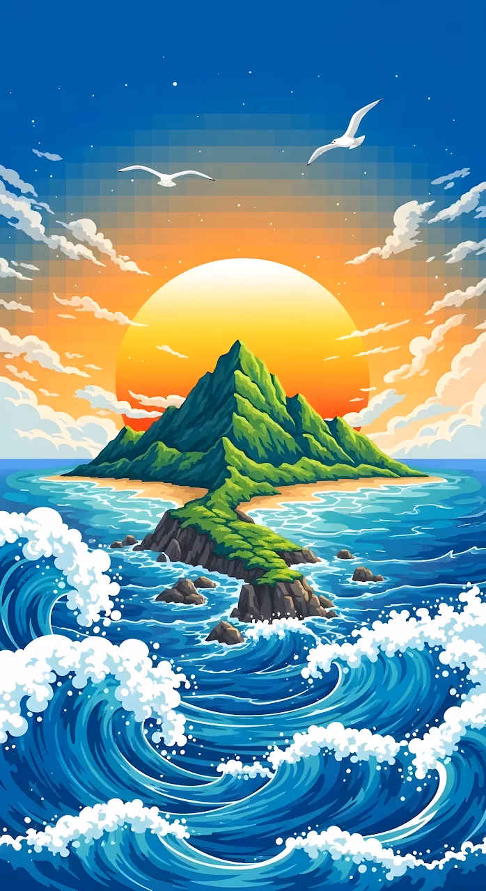 Download Retro Pixel Art Tropical Island Sunset and Ocean Waves Wallpaper in Mobile HD Retro Pixel Art Tropical Island Sunset and Ocean Waves - Free Mobile AMOLED Wallpaper Background