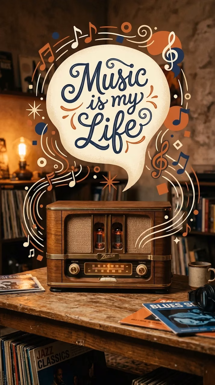 Download Retro Radio with 'Music is my Life' Decorative Typography Wallpaper in Mobile HD Retro Radio with 'Music is my Life' Decorative Typography - Free Mobile AMOLED Wallpaper Background