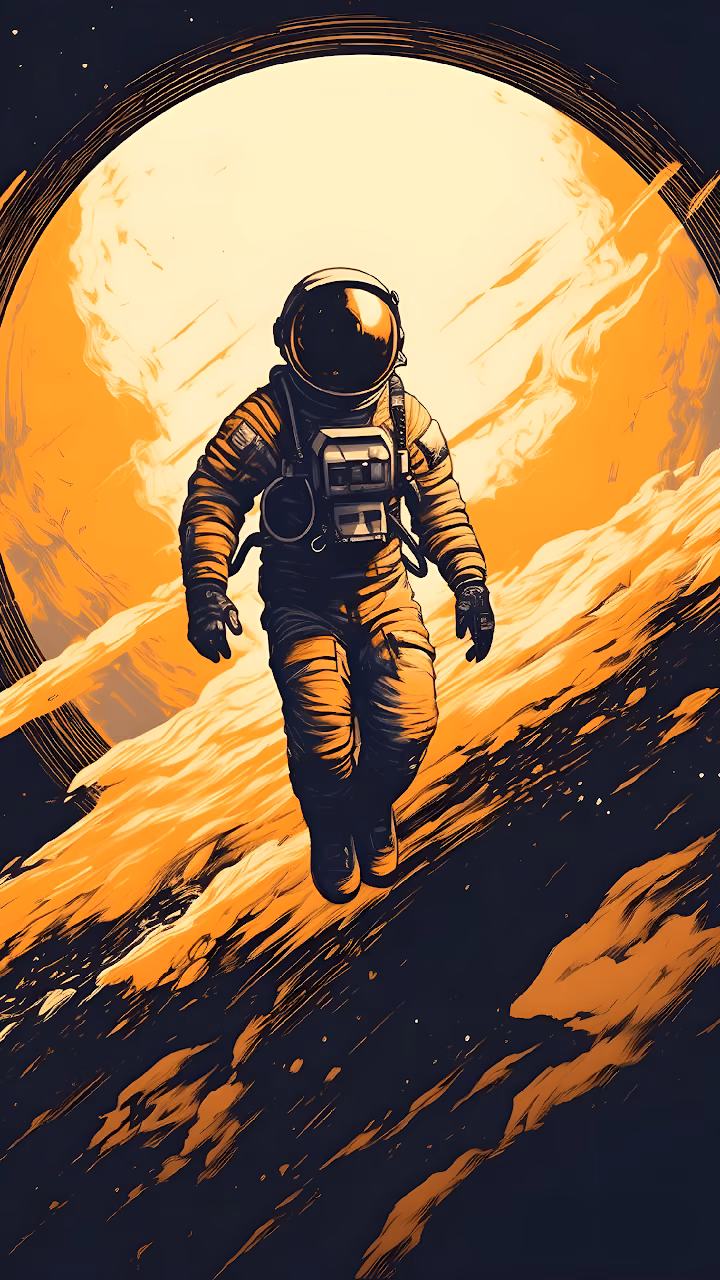 Retro Sci Fi Astronaut Orange Planet Art Illustration - Free Mobile AMOLED Wallpaper Background