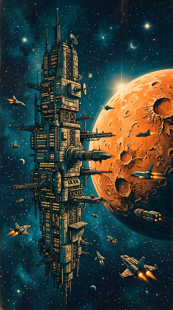 Download Retro Sci-Fi Digital Illustration of a Massive Space Station and Distant Moon Wallpaper in Mobile HD Retro Sci-Fi Digital Illustration of a Massive Space Station and Distant Moon - Free Mobile AMOLED Wallpaper Background