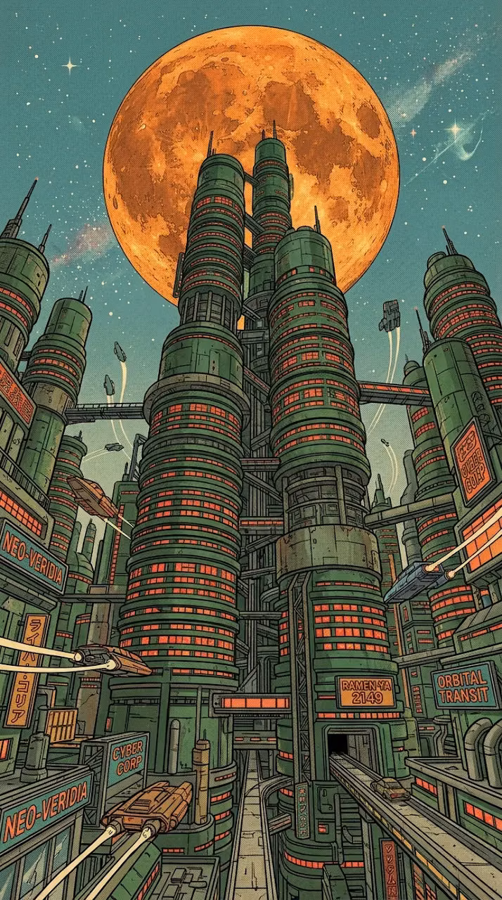 Retro Sci-Fi Green Towers and Giant Orange Moon Illustration - Free Mobile AMOLED Wallpaper Background