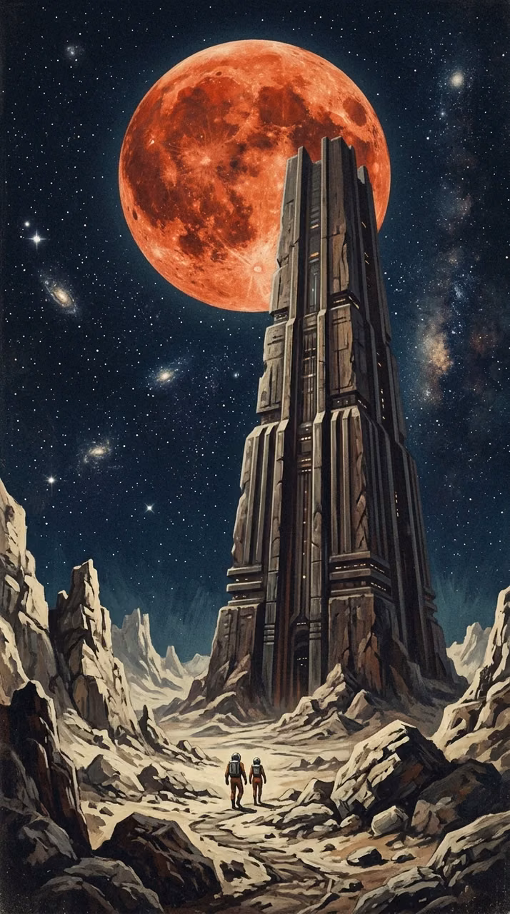 Download Retro Sci-Fi Illustration of a Monolithic Spire Under a Giant Red Moon Wallpaper in Mobile HD Retro Sci-Fi Illustration of a Monolithic Spire Under a Giant Red Moon - Free Mobile AMOLED Wallpaper Background