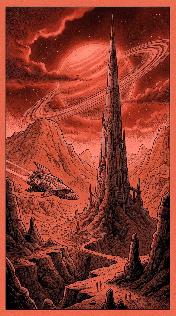 Download Retro Sci-Fi Illustration of a Red Planet Valley with Spire and Spacecraft Wallpaper in Mobile HD Retro Sci-Fi Illustration of a Red Planet Valley with Spire and Spacecraft - Free Mobile AMOLED Wallpaper Background