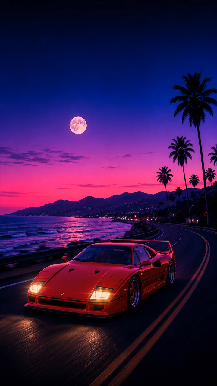 Download Retro Synthwave Sports Car Coastal Sunset Wallpaper Wallpaper in Mobile HD Retro Synthwave Sports Car Coastal Sunset Wallpaper - Free Mobile AMOLED Wallpaper Background