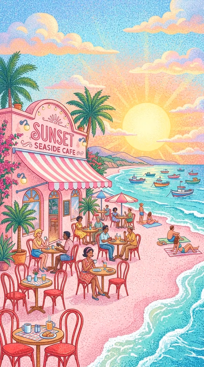 Download Retro Tropical Beach Cafe Illustration with Pink Sand and Palm Trees Wallpaper in Mobile HD Retro Tropical Beach Cafe Illustration with Pink Sand and Palm Trees - Free Mobile AMOLED Wallpaper Background