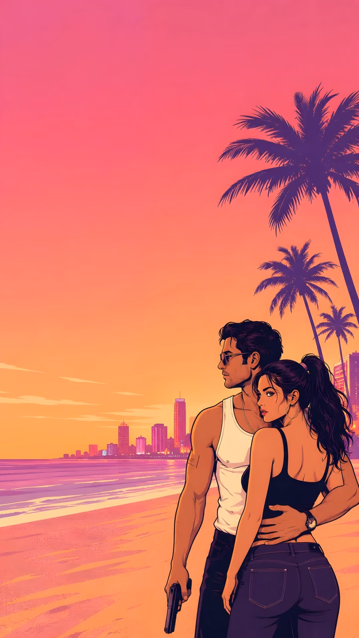 A stylized flat vector illustration of a man and woman holding a gun on a tropical beach with a city skyline at sunset.
