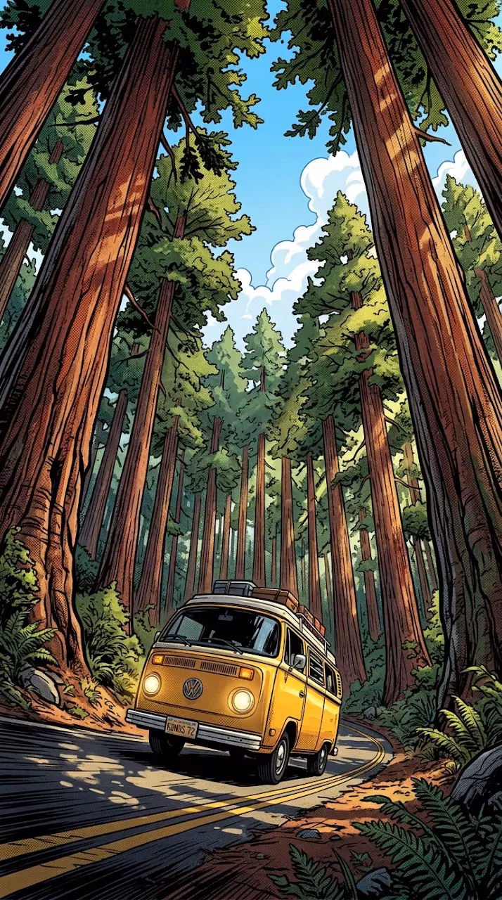 Download Retro Yellow Van Driving on a Road Through Giant Redwood Trees Wallpaper in Mobile HD Retro Yellow Van Driving on a Road Through Giant Redwood Trees - Free Mobile AMOLED Wallpaper Background