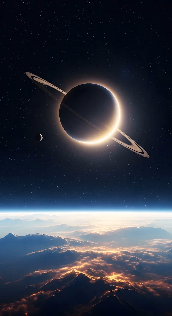 Ringed Planet Eclipse Over Mountain Clouds Vista - Free Mobile AMOLED Wallpaper Background