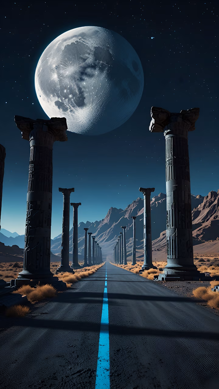 Road Through Ancient Columns Under Giant Moon - Free Mobile AMOLED Wallpaper Background