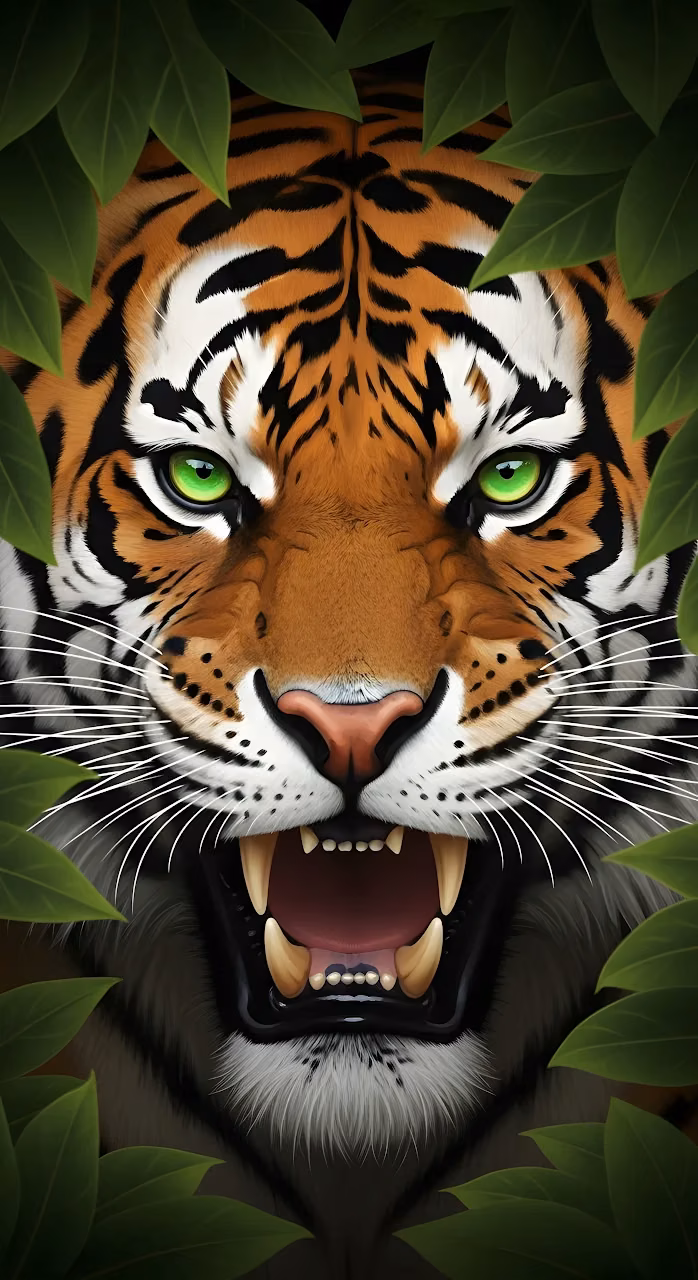 Roaring Tiger Face with Neon Green Eyes in Jungle Foliage - Free Mobile AMOLED Wallpaper Background