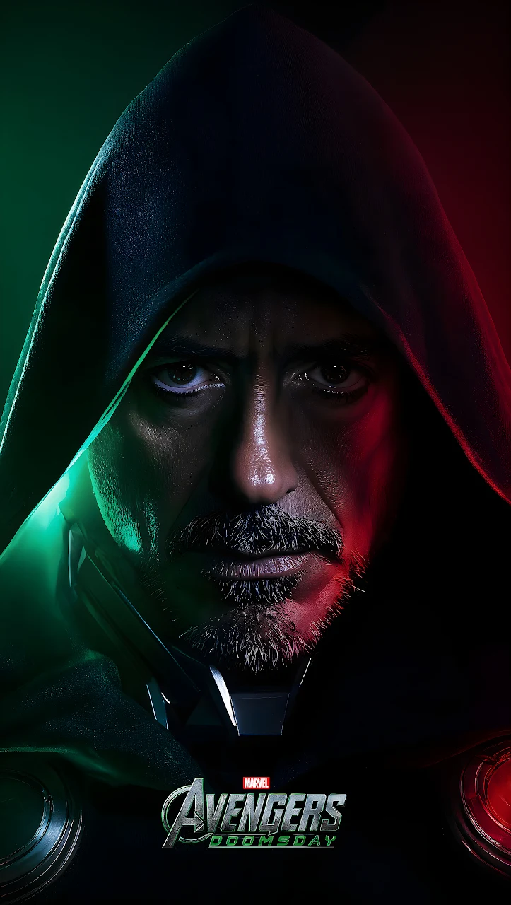 Download Robert Downey Jr Doctor Doom Portrait 4K Wallpaper in Mobile HD Close-up portrait of Robert Downey Jr. wearing a dark hood and armor illuminated by green and red lighting.