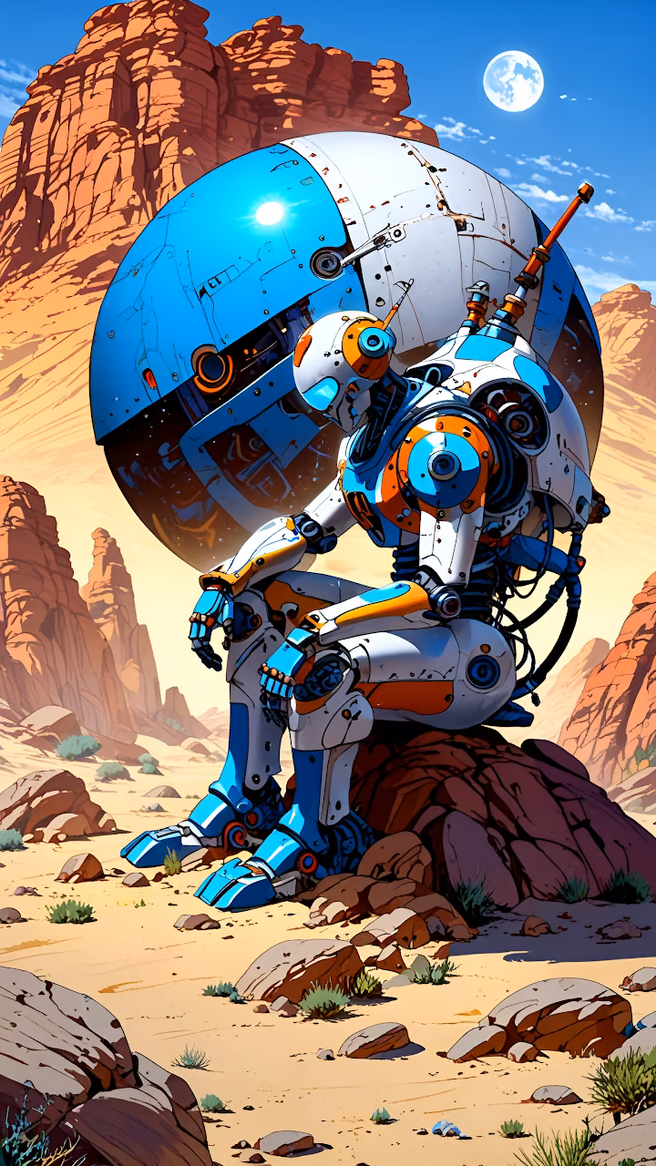 Download Robot Sitting Beside Giant Sphere in Desert Canyon Wallpaper in Mobile HD Robot Sitting Beside Giant Sphere in Desert Canyon - Free Mobile AMOLED Wallpaper Background