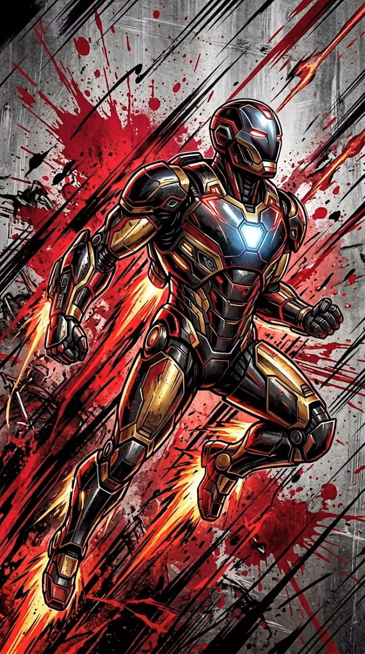 Robotic Superhero in Black and Red Armor Flying Upward - Free Mobile AMOLED Wallpaper Background