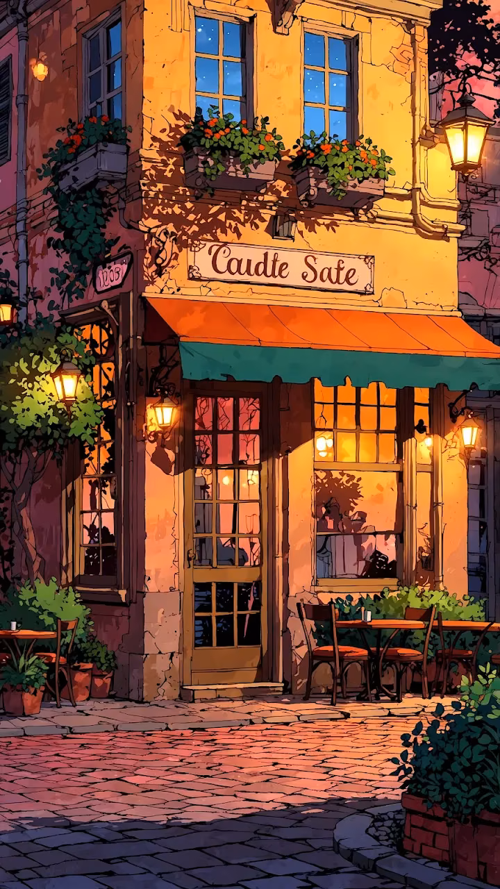 Romantic European Cafe Corner at Dusk - Free Mobile AMOLED Wallpaper Background