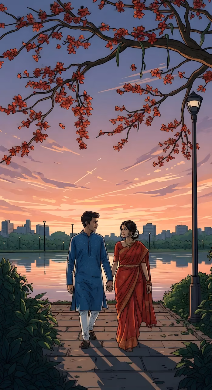 Romantic Indian Couple Stroll at Sunset Park Illustration - Free Mobile AMOLED Wallpaper Background