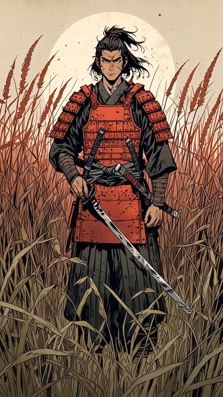 Ronin Warrior in Red Armor Standing in Tall Grass - Free Mobile AMOLED Wallpaper Background