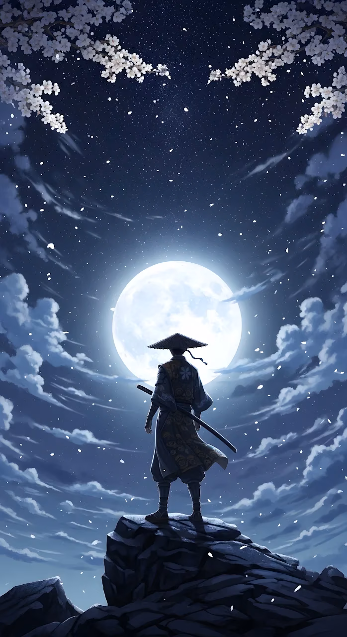 Ronin Warrior Under Full Moon and Falling White Blossoms - Free Mobile AMOLED Wallpaper Background