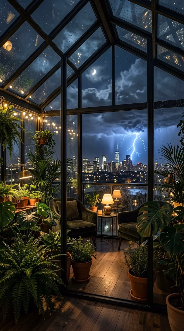 Download Rooftop Greenhouse in Rain with Distant Thunderstorm Wallpaper in Mobile HD Rooftop Greenhouse in Rain with Distant Thunderstorm - Free Mobile AMOLED Wallpaper Background