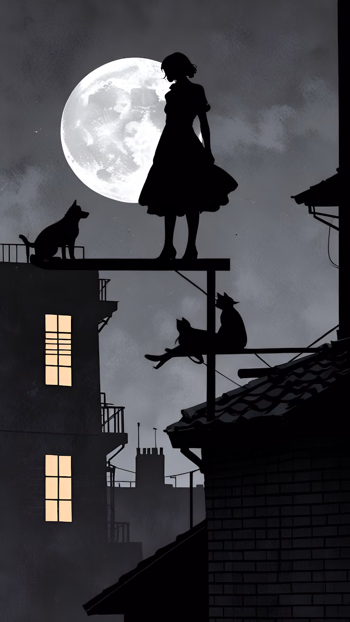 Rooftop Silhouette Girl and Animals Under Giant Full Moon Art - Free Mobile AMOLED Wallpaper Background