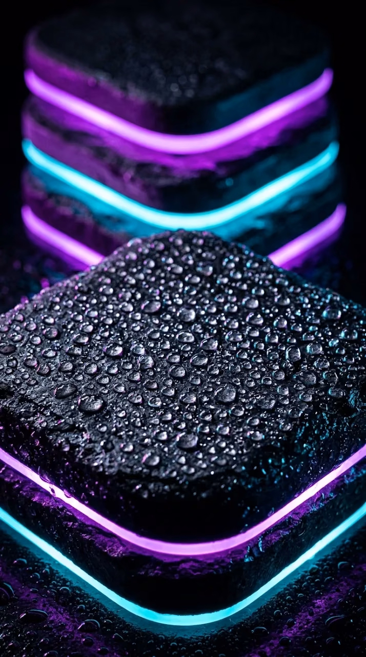 Rounded Textured Platforms with Dewdrops and Neon Lighting - Free Mobile AMOLED Wallpaper Background